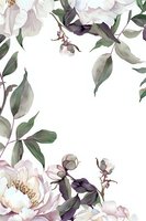 Delicate watercolor floral frame with white peonies and sage green leaves on white background, seamless botanical border for wedding stationery and design.