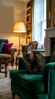 Tabby cat sitting on green velvet armchair in cozy living room with warm lighting, bookshelf, and fireplace creating comfortable home atmosphere.