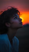 Young woman with curly hair gazing upward against vibrant orange sunset sky, profile view capturing contemplative expression and natural beauty in dramatic lighting.