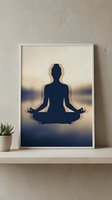 Silhouette of a woman meditating in lotus position at sunset, hands in mudra gesture. Serene yoga and mindfulness artwork for wellness, meditation, and spiritual practice decor.