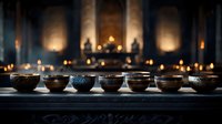 Ornate ceramic bowls arranged on wooden table with warm candlelight creating atmospheric dining ambiance for restaurant or home decor applications.