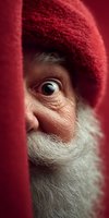 Elderly Caucasian man with white beard and red knit hat peeking through gap, curious expression, winter portrait for holiday marketing and seasonal campaigns.