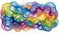 Abstract watercolor rainbow cloud formation with flowing organic shapes and translucent layers for creative design projects and artistic backgrounds.