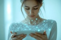 Young Caucasian woman holding digital tablet with glowing magical light particles floating above, representing digital transformation and future technology in soft turquoise tones.