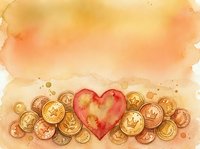 Watercolor heart surrounded by golden coins on warm orange background, symbolizing love, wealth, and financial success with copy space.