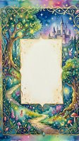 Watercolor fairy tale frame with enchanted forest, castle, magical trees and blank parchment space for text. Fantasy border design for invitations and storytelling.