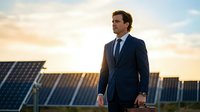 Professional businessman in dark suit standing confidently at solar panel farm during golden hour sunset, representing renewable energy leadership and sustainability.