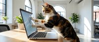 Curious tabby cat sitting at modern office desk with laptop computer in bright workspace with large windows and plants for remote work concept.