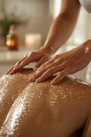 Professional massage therapist applying oil during luxurious spa treatment, with soft natural lighting and soothing ambiance creating relaxing atmosphere.