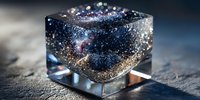 Cosmic galaxy trapped in crystal cube, sparkling with stars and nebula dust on dark textured surface. Mystical space art.