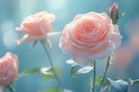 Delicate pink roses bloom against soft turquoise background, creating dreamy romantic atmosphere with gentle bokeh effect and morning dew drops on petals.