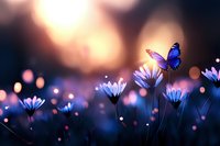 Magical evening garden scene with glowing blue daisies and morpho butterfly against blurred bokeh background in purple and golden sunset light.