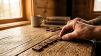Senior craftsman hand arranging wooden letter blocks spelling FOCUS on rustic table in warm workshop setting with coffee cup and natural lighting.