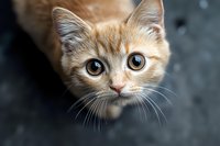 Curious ginger kitten with big expressive blue eyes looking directly at camera against dark background, close-up portrait showing whiskers and innocent expression.