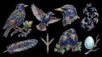 Iridescent starling bird clipart set isolated on transparent background, featuring perched, flying, and pair poses, feather, egg, and flock for t-shirt design and print on demand.