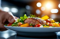Juicy grilled beef steak served with colorful bell peppers, cherry tomatoes and fresh herbs on white plate against dark restaurant background with bokeh lights.