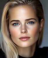 Close up portrait of young Caucasian woman with blonde hair and striking blue eyes wearing natural makeup. Soft lighting emphasizes flawless skin and defined features.