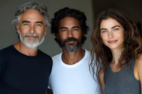 Mature man with gray hair and beard wearing black shirt, middle-aged man with dark hair and beard in white shirt, and young woman with brown hair in gray tank top posing together for portrait photography.