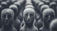 Monochromatic stone sculptures of faceless human figures arranged in rows create haunting atmosphere. Dark artistic composition with shallow depth of field highlights anonymity and conformity.