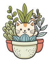 Cute cartoon cat peeking from succulent plant arrangement in terracotta pots. Kawaii style drawing with green leaves and blue cacti on white background.