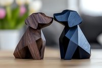Geometric wooden dog figures in brown and blue facing each other, modern minimalist origami-inspired design sculpture on wooden surface with blurred background.