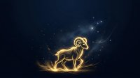 Glowing golden ram silhouette with curved horns radiates luminous energy against dark starry background, suitable for astrology and zodiac designs.
