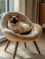 Elegant Siamese cat with blue eyes resting in modern beige velvet accent chair near window, natural lighting creates cozy home atmosphere.