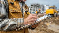 Construction worker in safety vest writing on clipboard at building site with heavy machinery in background for project management and documentation.