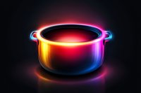 Glowing cooking pot with vibrant neon light effect on dark background, multicolored luminous kitchen utensil with red and blue gradient illumination.