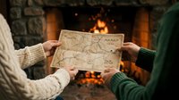 Couple holding vintage map by fireplace with warm flames in background, perfect for travel planning, adventure themes, and cozy winter scenes.