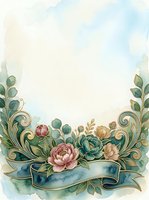 Watercolor floral frame with gold swirls, peonies, and ribbon banner, soft pastel tones, copy space for wedding or greeting card design.