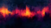 Vibrant abstract background with glowing orange and red aurora-like waves against deep purple and black, creating dramatic atmospheric effect. For creative design projects.