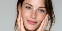 Young woman with freckles touching her face with both hands against neutral background, showcasing natural beauty and skincare concept.