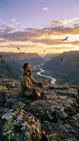 Man sitting on rocky mountain overlook at sunset, gazing at winding river valley below with birds flying overhead. Adventure and nature contemplation.
