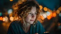 Young woman with curly hair in cozy sweater against warm bokeh city lights at night, contemplative mood for lifestyle and urban photography projects.