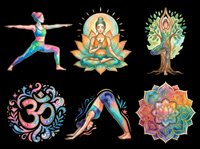 Yoga and meditation themed collection featuring six isolated wellness design elements on transparent background. Includes colorful warrior pose figure, seated Buddha in lotus position, spiritual tree, ornamental Om symbol, downward dog pose, and mandala pattern. Ready for t-shirt design, clipart, stickers, sublimation and print-on-demand products.