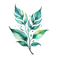Watercolor green leaves branch with delicate gradient effect on white background, isolated botanical art element for nature-inspired designs and decorations.