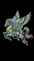 Ornate flying Pegasus with colorful wings and gold details, isolated on transparent background, ready for t-shirts, stickers, sublimation, and print on demand.