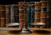 Vintage brass scales of justice against law library background with old leather-bound books, symbolizing legal system, judgment and jurisprudence.