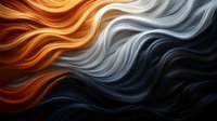 Abstract flowing waves in orange, white and dark blue colors create dynamic fluid motion pattern with smooth curved lines and contrasting light effects.