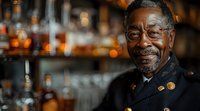 Senior African American man with glasses and uniform smiling at bar counter with blurred bottles in background. Warm atmospheric lighting creates inviting ambiance.