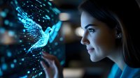Young professional woman interacting with glowing blue digital bird hologram in futuristic technology environment for AI and innovation concepts.