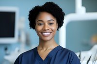 Young African American female healthcare worker wearing navy blue scrubs smiles warmly in medical office setting. Professional portrait with natural lighting.