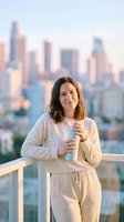 Young Caucasian woman in beige loungewear holds a tumbler on a rooftop balcony with a blurred city skyline at golden hour.