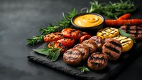 Grilled meat medallions, sausages and vegetables with sauce on black stone board garnished with fresh rosemary sprigs and herbs in dark setting.