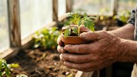 Elderly hands gently holding small green seedling in terracotta pot inside bright greenhouse with natural sunlight streaming through windows.