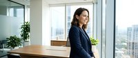 Young professional woman with dark hair and medium skin tone wearing navy blazer standing at wooden desk in modern high-rise office with city skyline view, suitable for corporate business and leadership concepts.