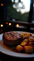 Juicy grilled steak with roasted potatoes on white plate, atmospheric restaurant setting with warm lights and twilight view through window.