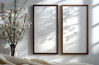 Minimal wall mockup with two empty wooden frames, shadow overlay effect and cherry blossom branches in vase against white background for modern home decor.