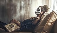 Woman with skull face paint lying on leather couch in dark moody setting with vintage book, wearing black dress. Gothic halloween makeup art creates dramatic atmosphere.